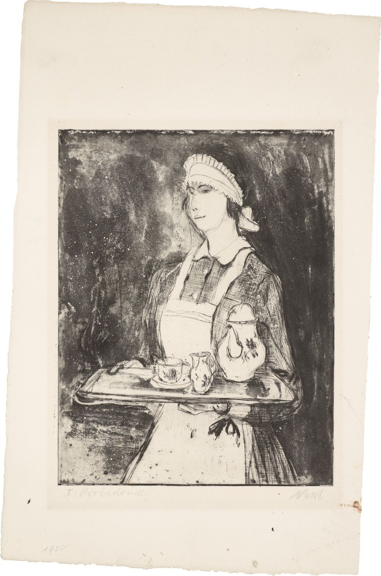 Auf diesem Bild ist das folgende Kunstwerk zu sehen: Rolf Nesch. „Mädchen mit Teetablett“. 1927.