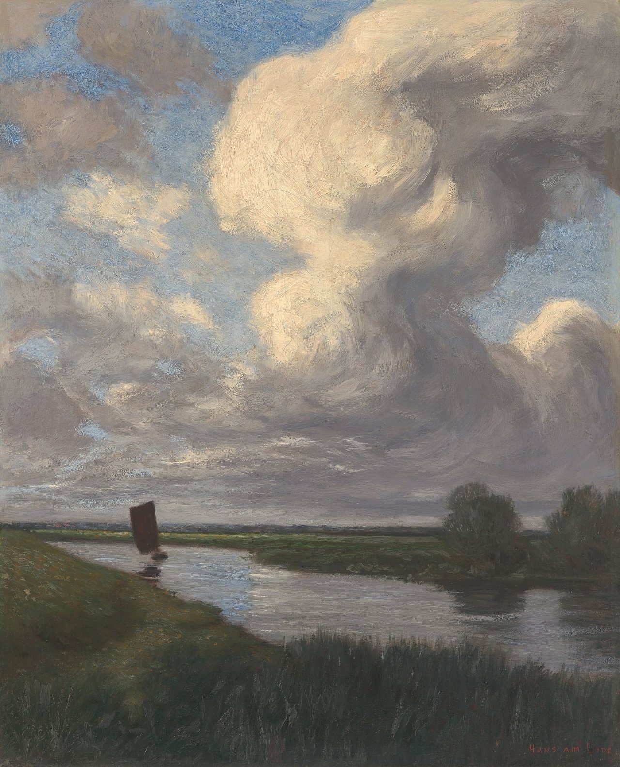 Auf diesem Bild ist das folgende Kunstwerk zu sehen: Hans am Ende. Torfboot auf der Hamme. Um 1895.