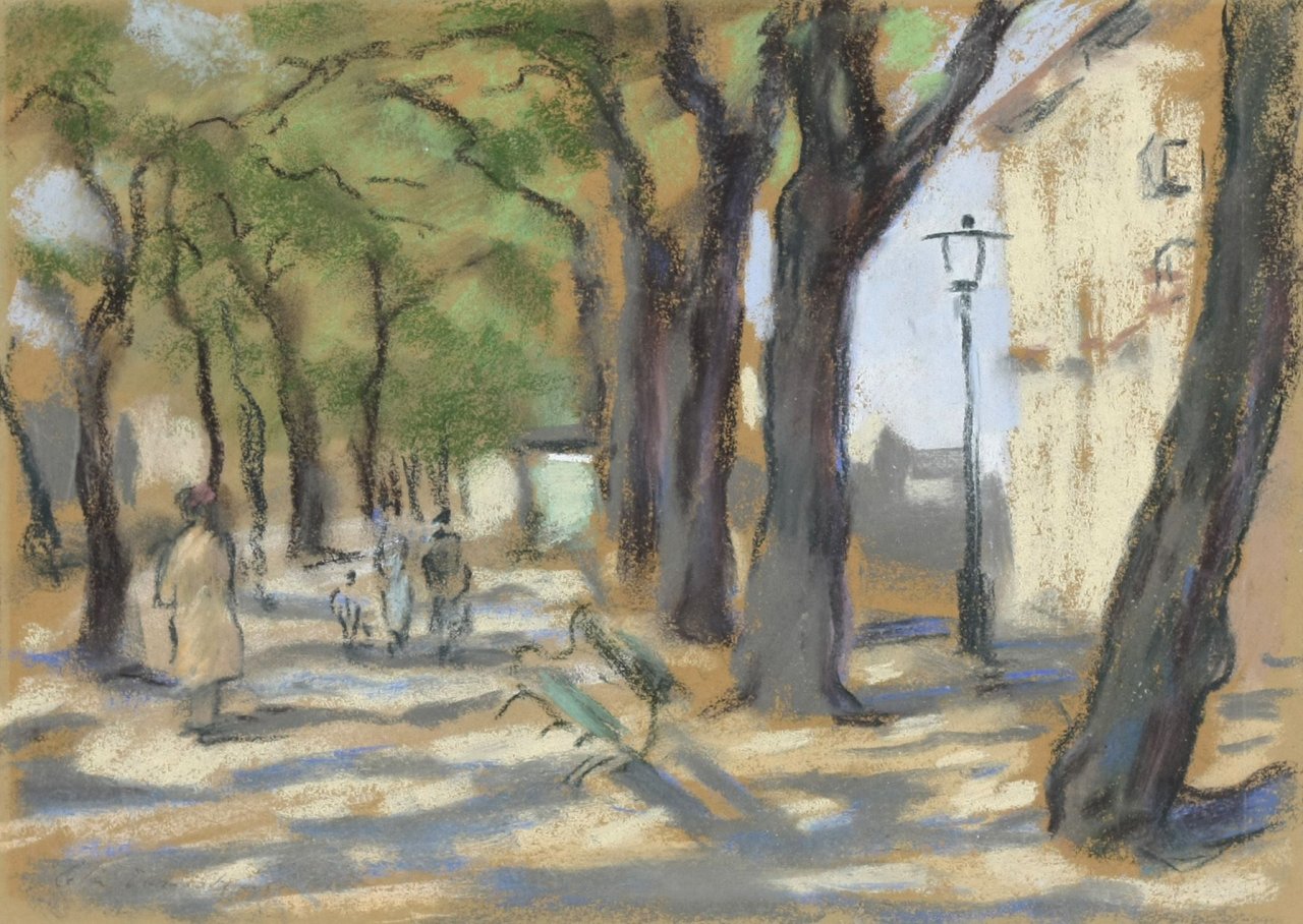 Auf diesem Bild ist das folgende Kunstwerk zu sehen: Lotte Laserstein. „Straßenszene“. 1950er Jahre.