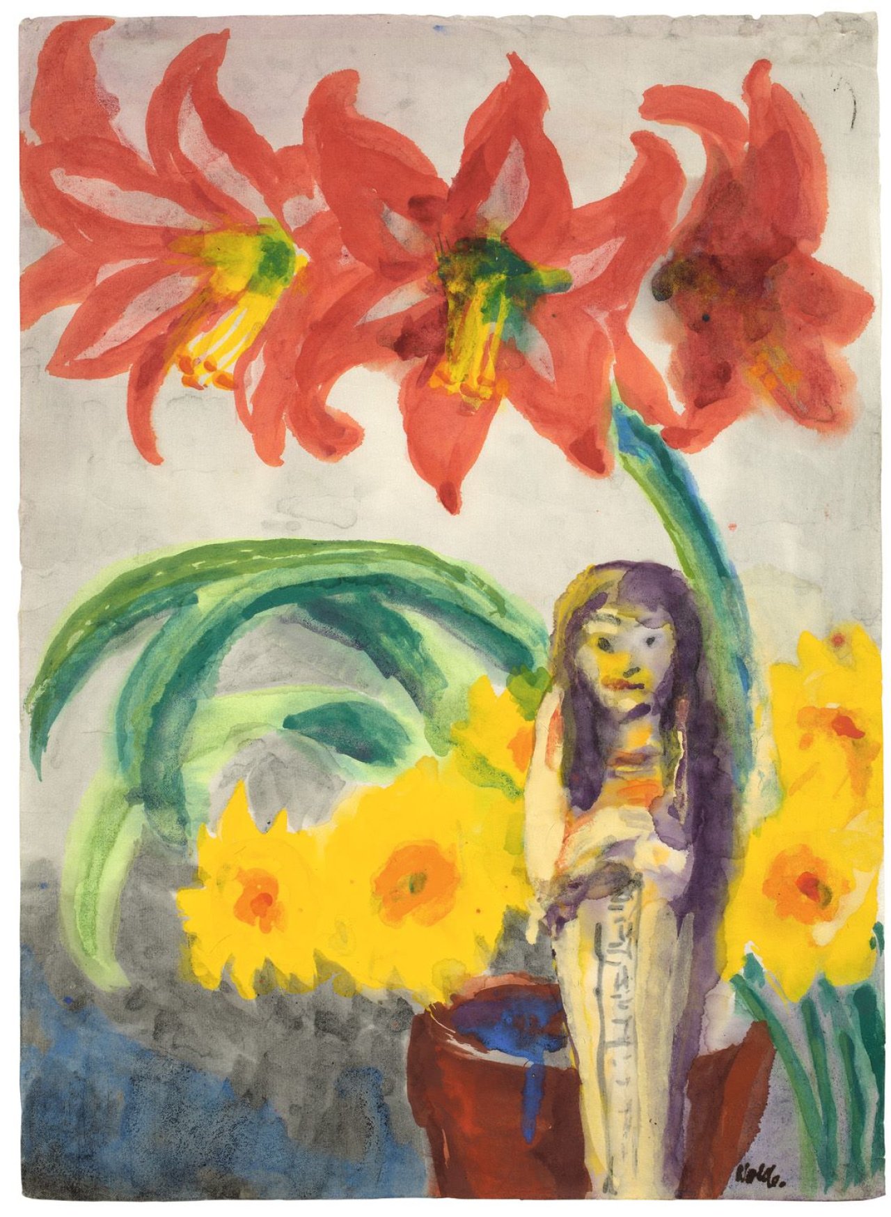 This picture shows the following artwork: Emil Nolde. Blumen mit Ägyptischer Statuette.