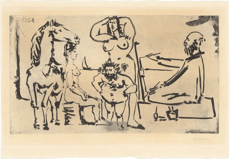 Auf diesem Bild ist das folgende Kunstwerk zu sehen: Pablo Picasso. „Le peintre sur la plage“. 1955.
