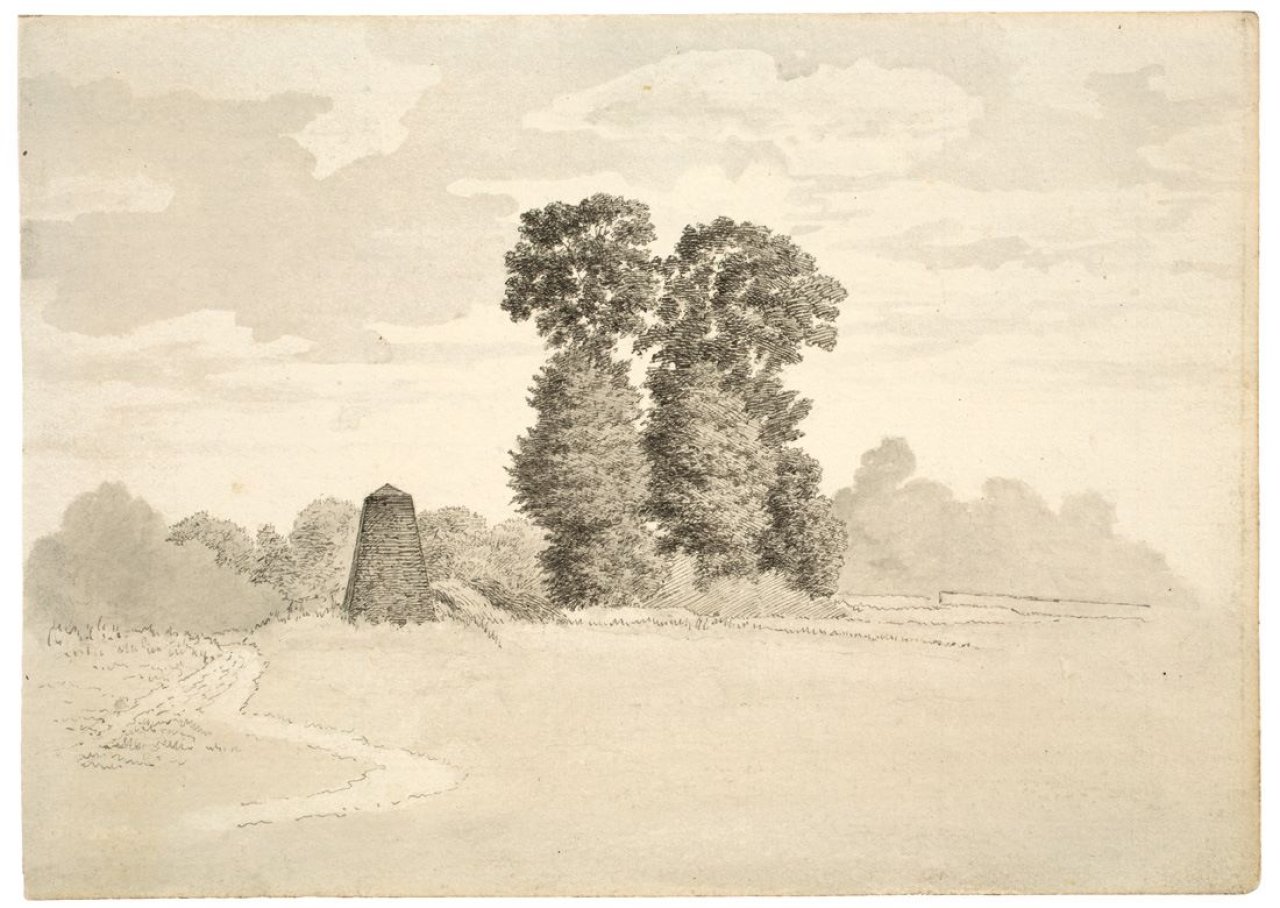Auf diesem Bild ist das folgende Kunstwerk zu sehen:  Deutsch, um 1810. Baumgruppe mit Obelisk.