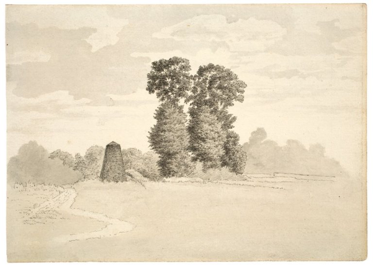 Auf diesem Bild ist das folgende Kunstwerk zu sehen:  Deutsch, um 1810. Baumgruppe mit Obelisk.
