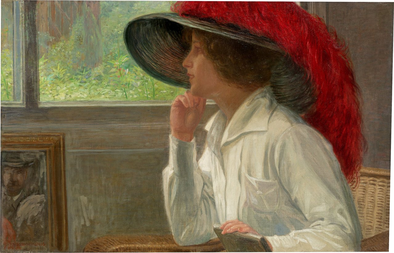 Catalog image of Dame mit rotem Federhut.