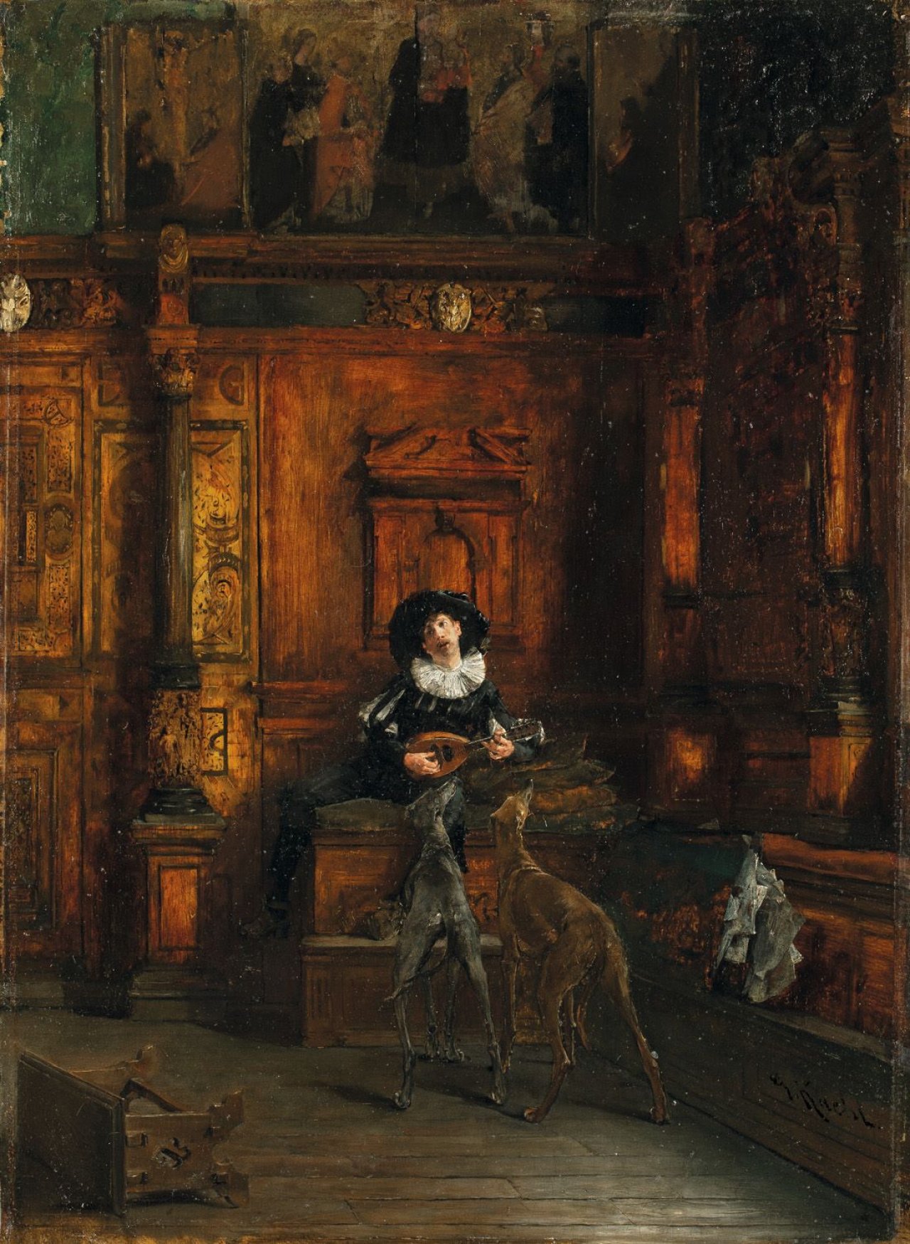 Auf diesem Bild ist das folgende Kunstwerk zu sehen: Gotthardt Kuehl. Lautenspieler mit zwei Hunden. Um 1875/80.