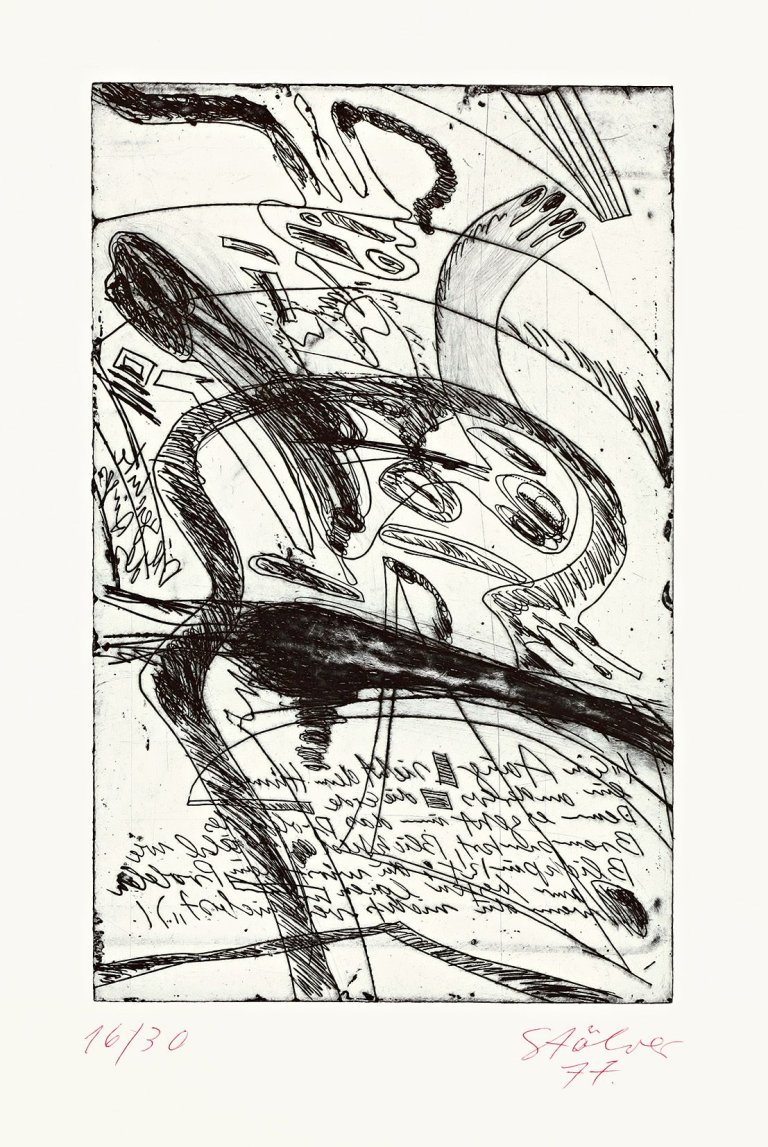 Auf diesem Bild ist das folgende Kunstwerk zu sehen: Walter Stöhrer. („Die Bewegung der Zähne“) „Die Bewegung-der-Wörter“. 1977.