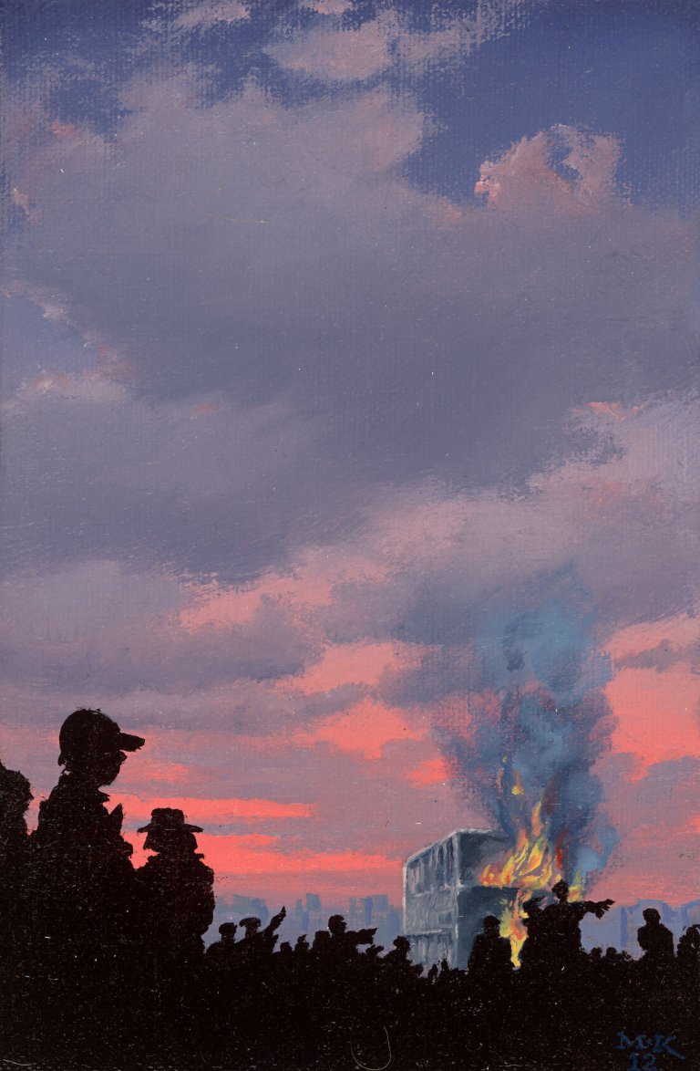 Auf diesem Bild ist das folgende Kunstwerk zu sehen: Matthias Koeppel. "Der Bus brennt". 2012.