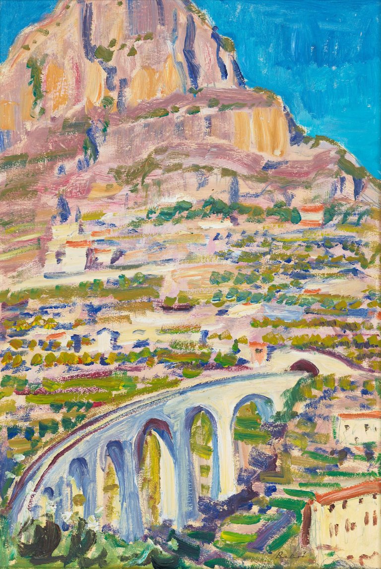 Auf diesem Bild ist das folgende Kunstwerk zu sehen: Arnold Balwé. Provenzalische Landschaft (Sisteron). Um 1948.