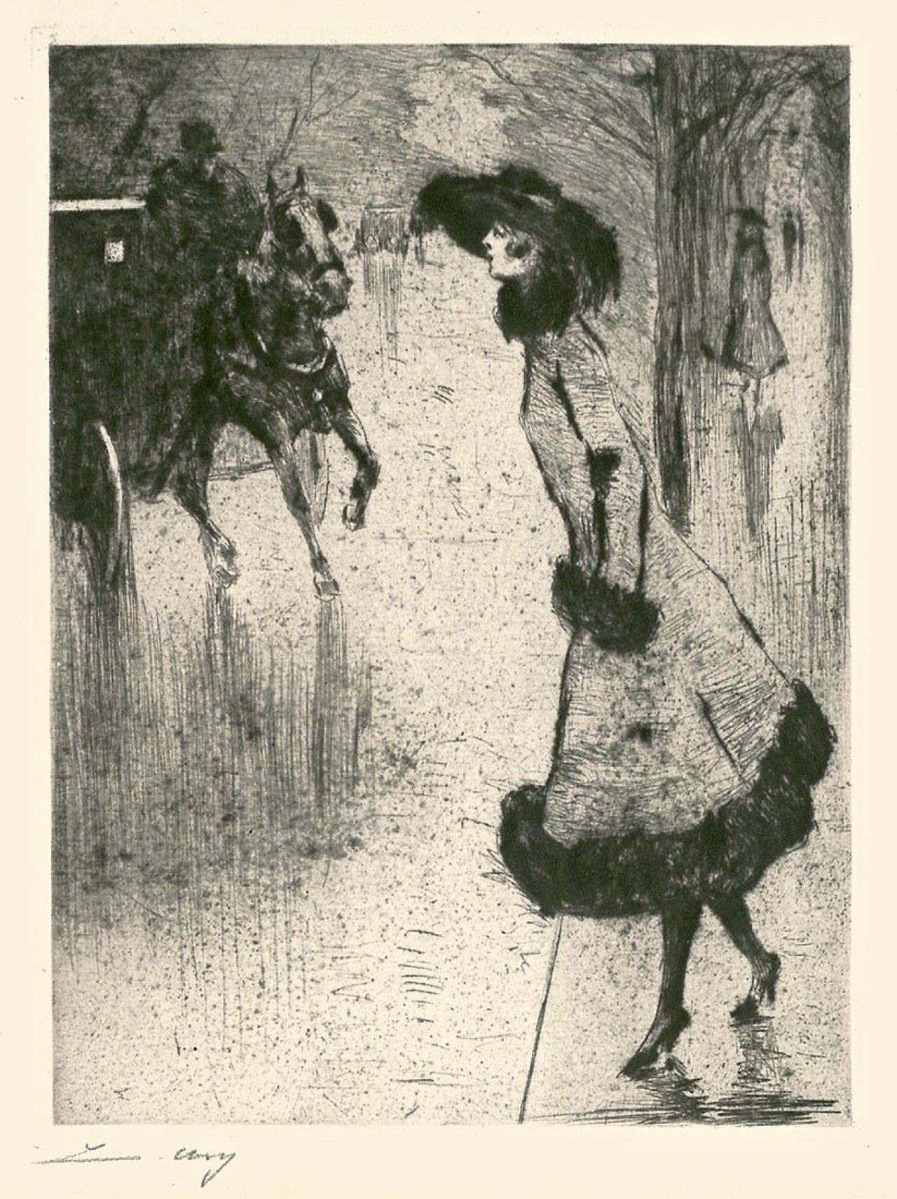 This picture shows the following artwork: Lesser Ury. „Dame, eine Pferdedroschke rufend”. Circa 1920.