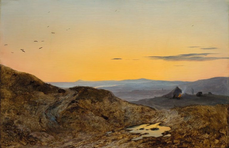 Auf diesem Bild ist das folgende Kunstwerk zu sehen: Carl Robert Kummer. „Schottische Landschaft im Abendleuchten“. Nach 1851.