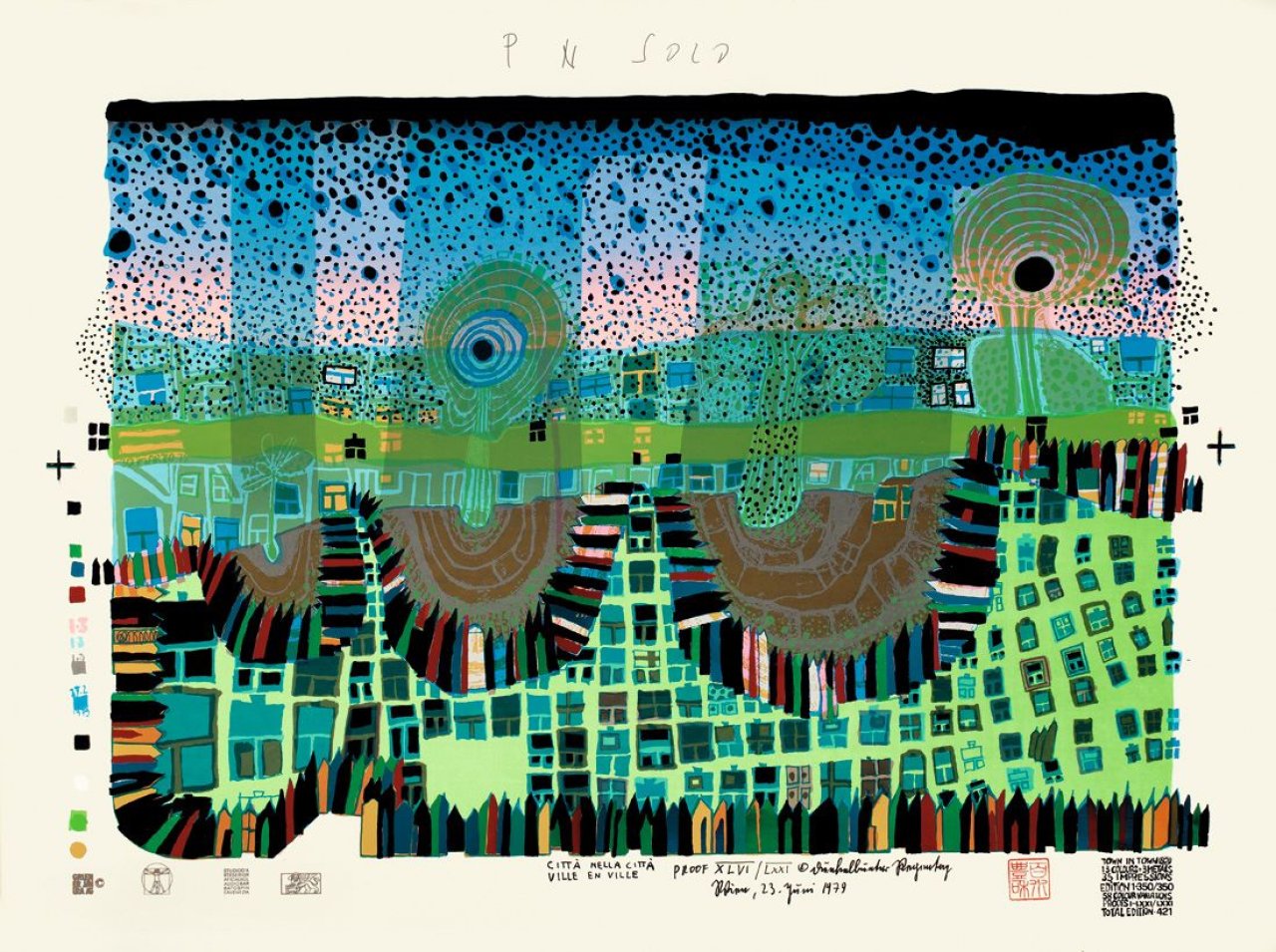 Auf diesem Bild ist das folgende Kunstwerk zu sehen: Friedensreich Hundertwasser. „Die Stadt-Stadt“. 1979.