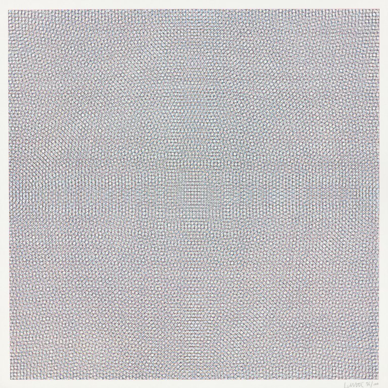 Auf diesem Bild ist das folgende Kunstwerk zu sehen: Sol LeWitt. „Yellow Circles, Red Grids, Black Arcs from Four Sides, Blue Arcs from Three Corners“. 1972.