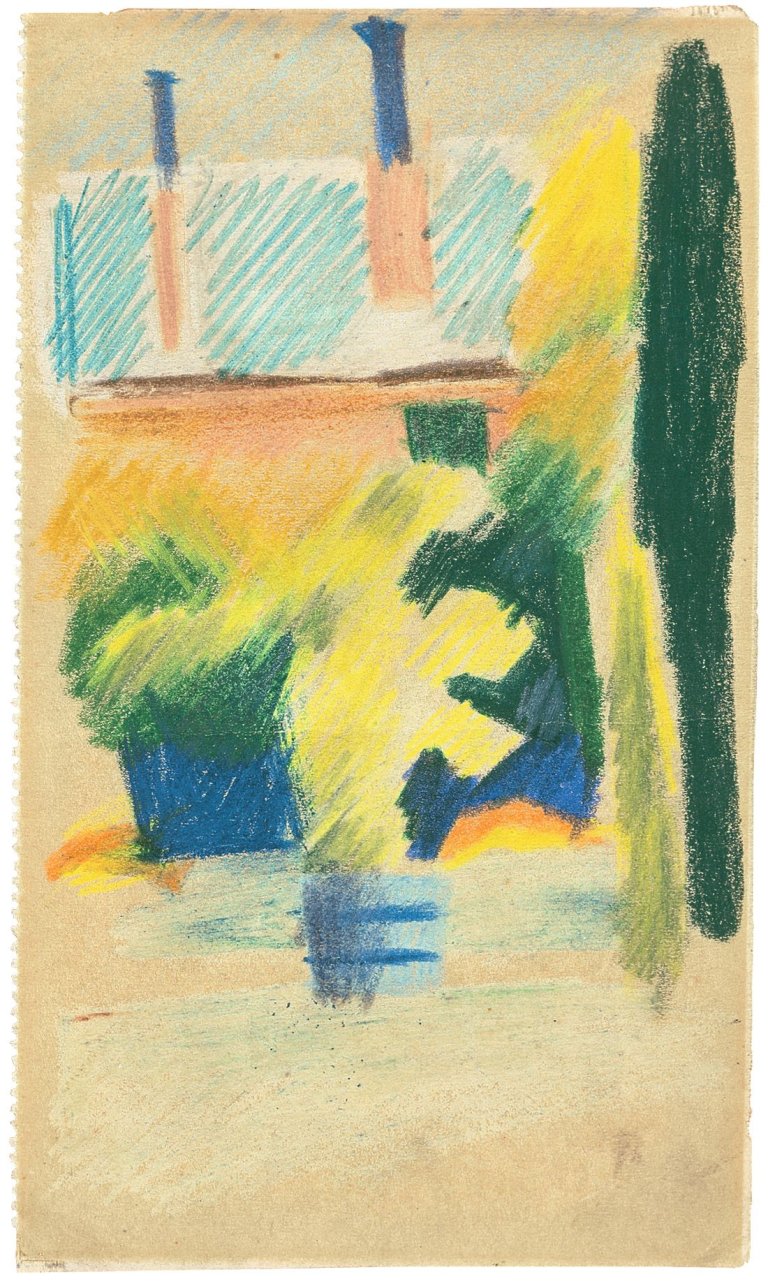 Auf diesem Bild ist das folgende Kunstwerk zu sehen: August Macke. „Haus im Garten“. 1913/14.
