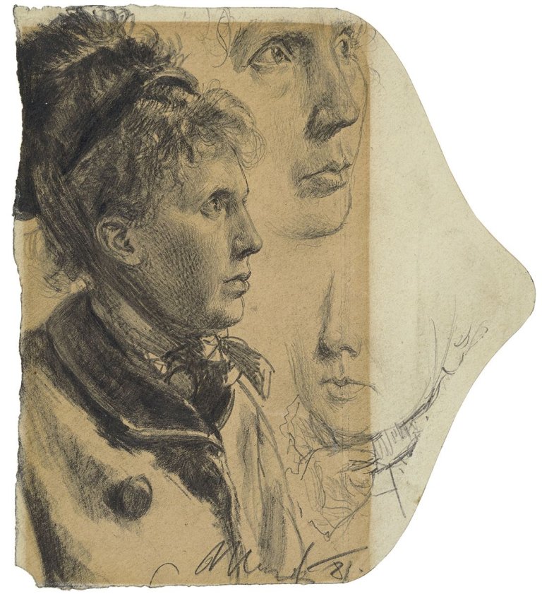 Auf diesem Bild ist das folgende Kunstwerk zu sehen: Adolph Menzel. Kopfstudien einer Dame. 1881.