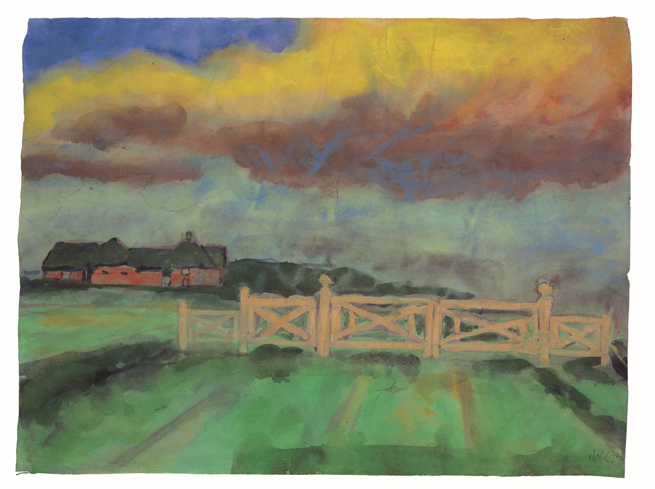 This picture shows the following artwork: Emil Nolde. „Noldes Bauernhof Seebüll und ein Gatter“. Circa 1940.