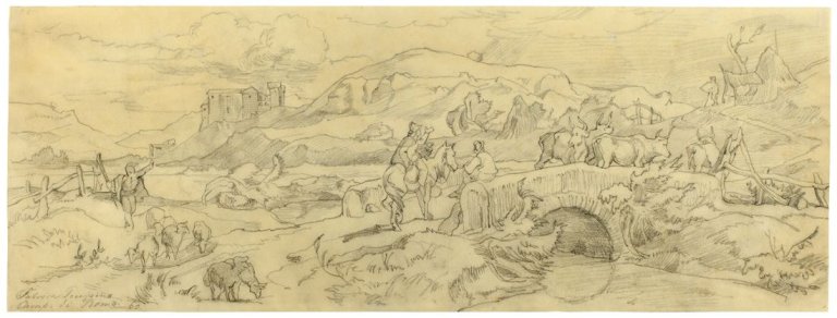 Auf diesem Bild ist das folgende Kunstwerk zu sehen: Friedrich Preller d. Ä.. Szene an einer Brücke in der Campagna. 1860.