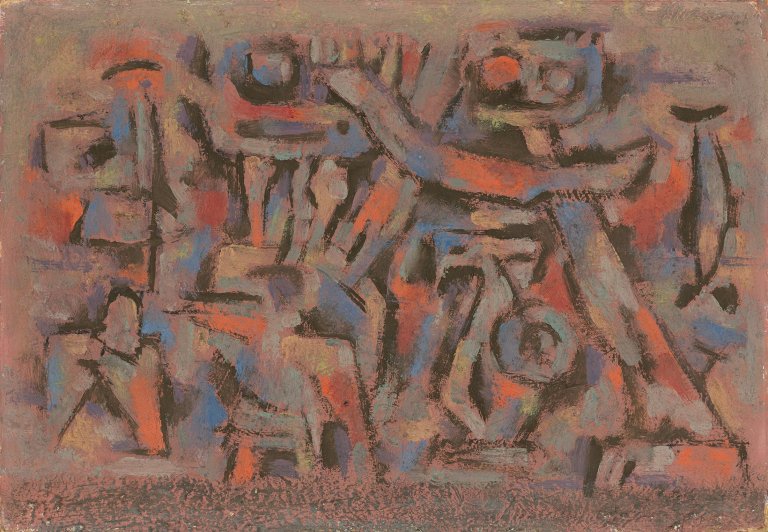 Auf diesem Bild ist das folgende Kunstwerk zu sehen: Willi Baumeister. „Figurenmauer bewegt“. 1946.