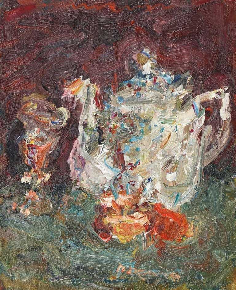 Auf diesem Bild ist das folgende Kunstwerk zu sehen:  Marwan. Stilleben mit Teekanne. 1981.
