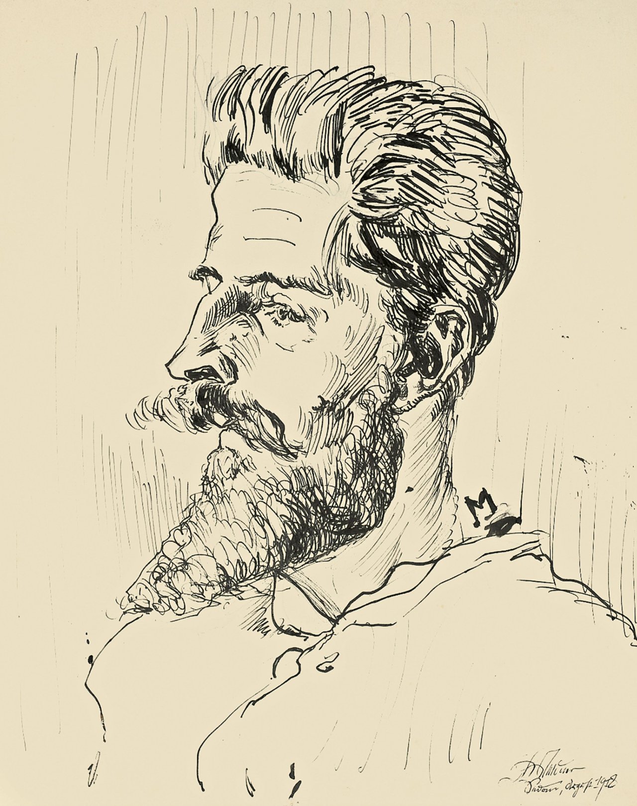 This picture shows the following artwork: Ludwig Meidner. Bärtiger Männerkopf im Profil nach links. 1918.