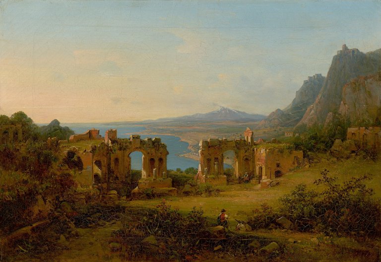 Auf diesem Bild ist das folgende Kunstwerk zu sehen:  Deutsch, um 1830. Blick auf das antike Theater von Taormina.