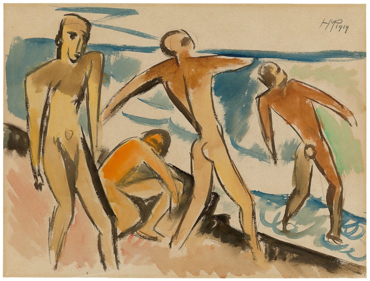 Auf diesem Bild ist das folgende Kunstwerk zu sehen: Max Pechstein. „Badende Männer“. 1919.