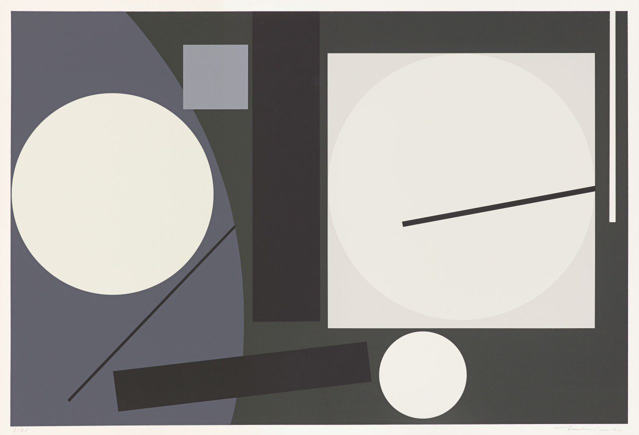 Auf diesem Bild ist das folgende Kunstwerk zu sehen: Günter Fruhtrunk. „Quadrat und Kreis (3 weisse Kreise)“. 1956/74.