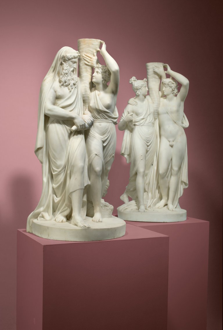 Auf diesem Bild ist das folgende Kunstwerk zu sehen: Carlo Albacini. Paar Skulpturengruppen, die vier Jahreszeiten darstellend – ehemalige Kandelaber. Um 1780.