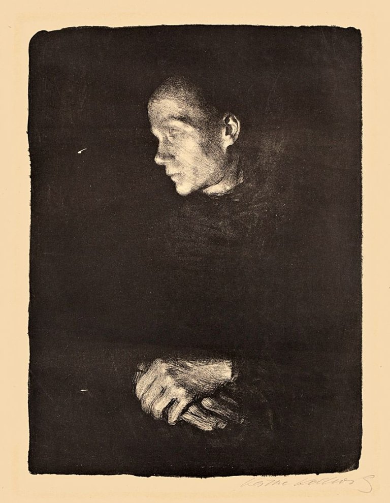 Auf diesem Bild ist das folgende Kunstwerk zu sehen: Käthe Kollwitz. „Arbeiterfrau im Profil nach links“. 1921-1923.