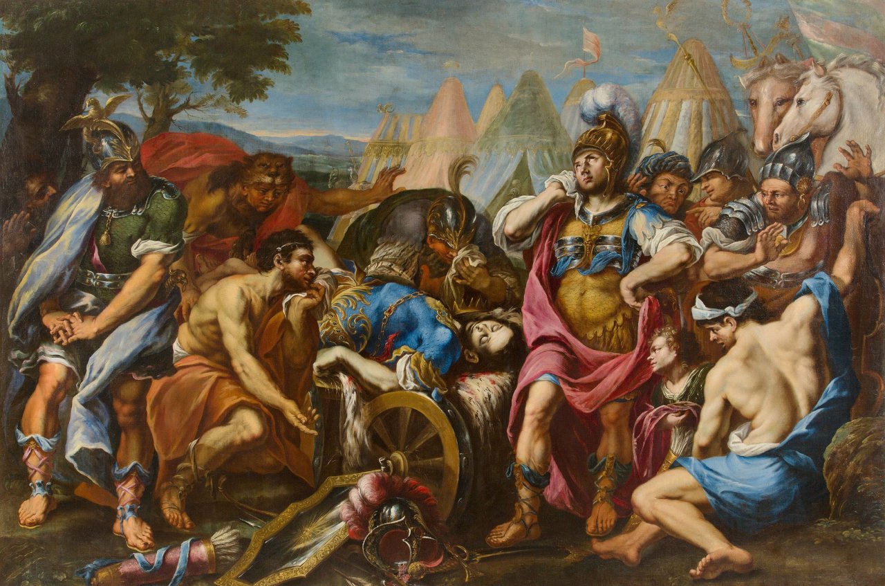 Auf diesem Bild ist das folgende Kunstwerk zu sehen: Francesco Rosa. Alexander der Große betrauert den toten Dareios III. (330 v. Chr. bei Hekatompylos). Um 1700.