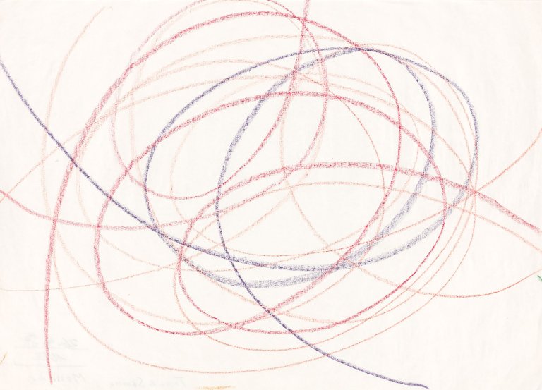 Auf diesem Bild ist das folgende Kunstwerk zu sehen: Hermann Glöckner. Violetter Schwung über roten und orangen Kreisformen. 1983.