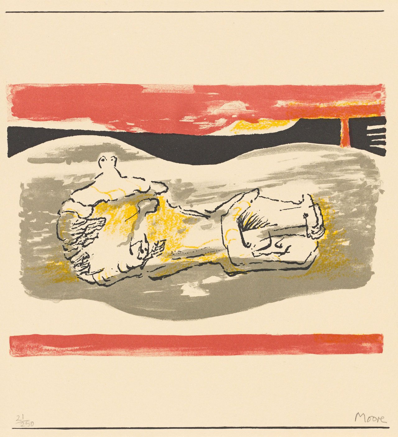 Auf diesem Bild ist das folgende Kunstwerk zu sehen: Henry Moore. „Reclining Figures with red stripes“. 1973.