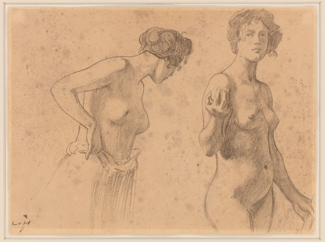 Auf diesem Bild ist das folgende Kunstwerk zu sehen: Ludwig von Hofmann. Weiblicher Halbakt / Weiblicher Akt mit Apfel (Studienblatt). (Vor) 1896.