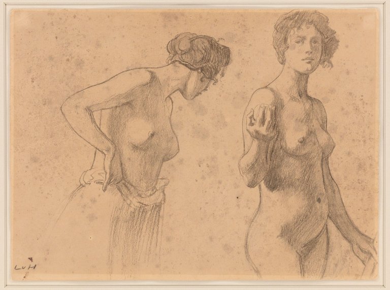 Auf diesem Bild ist das folgende Kunstwerk zu sehen: Ludwig von Hofmann. Weiblicher Halbakt / Weiblicher Akt mit Apfel (Studienblatt). (Vor) 1896.