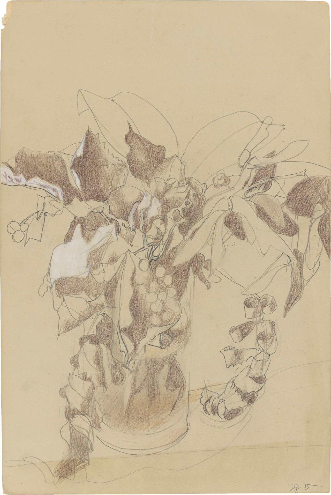 This picture shows the following artwork: Horst Janssen. Vase mit Blattwerk und Beeren. 1975.