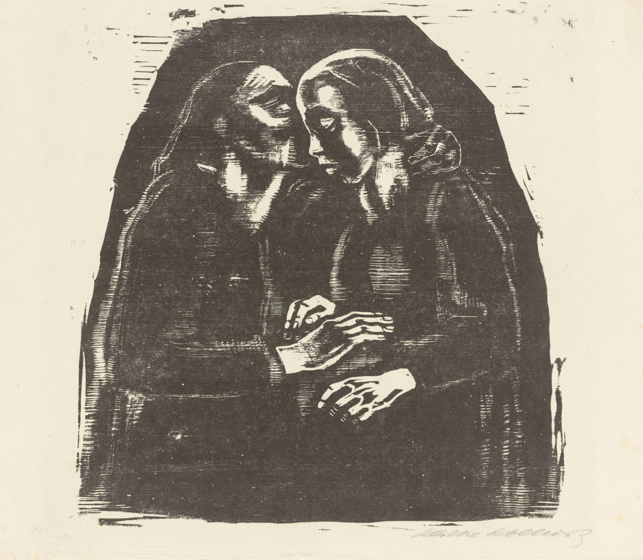 Auf diesem Bild ist das folgende Kunstwerk zu sehen: Käthe Kollwitz. „Maria und Elisabeth“. Um 1929.