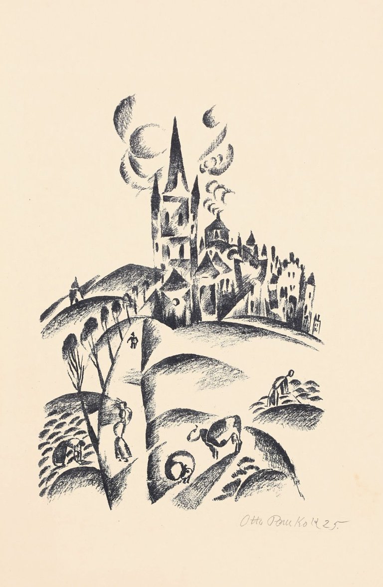 Auf diesem Bild ist das folgende Kunstwerk zu sehen: Otto Pankok. Landschaft mit Kirche. 1925.