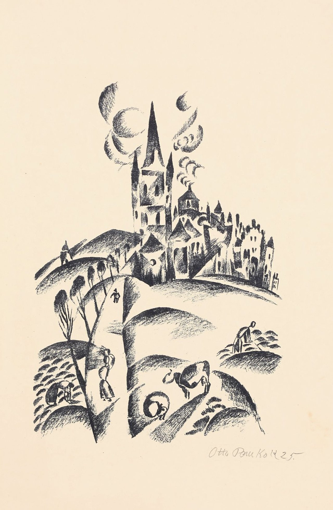 Auf diesem Bild ist das folgende Kunstwerk zu sehen: Otto Pankok. Landschaft mit Kirche. 1925.