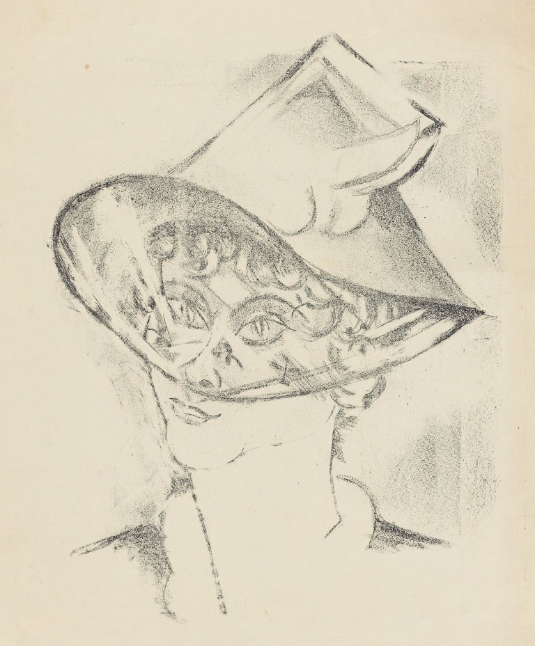Auf diesem Bild ist das folgende Kunstwerk zu sehen: Georg Tappert. „Mädchenkopf mit Hut und Schleier“. Um 1918.