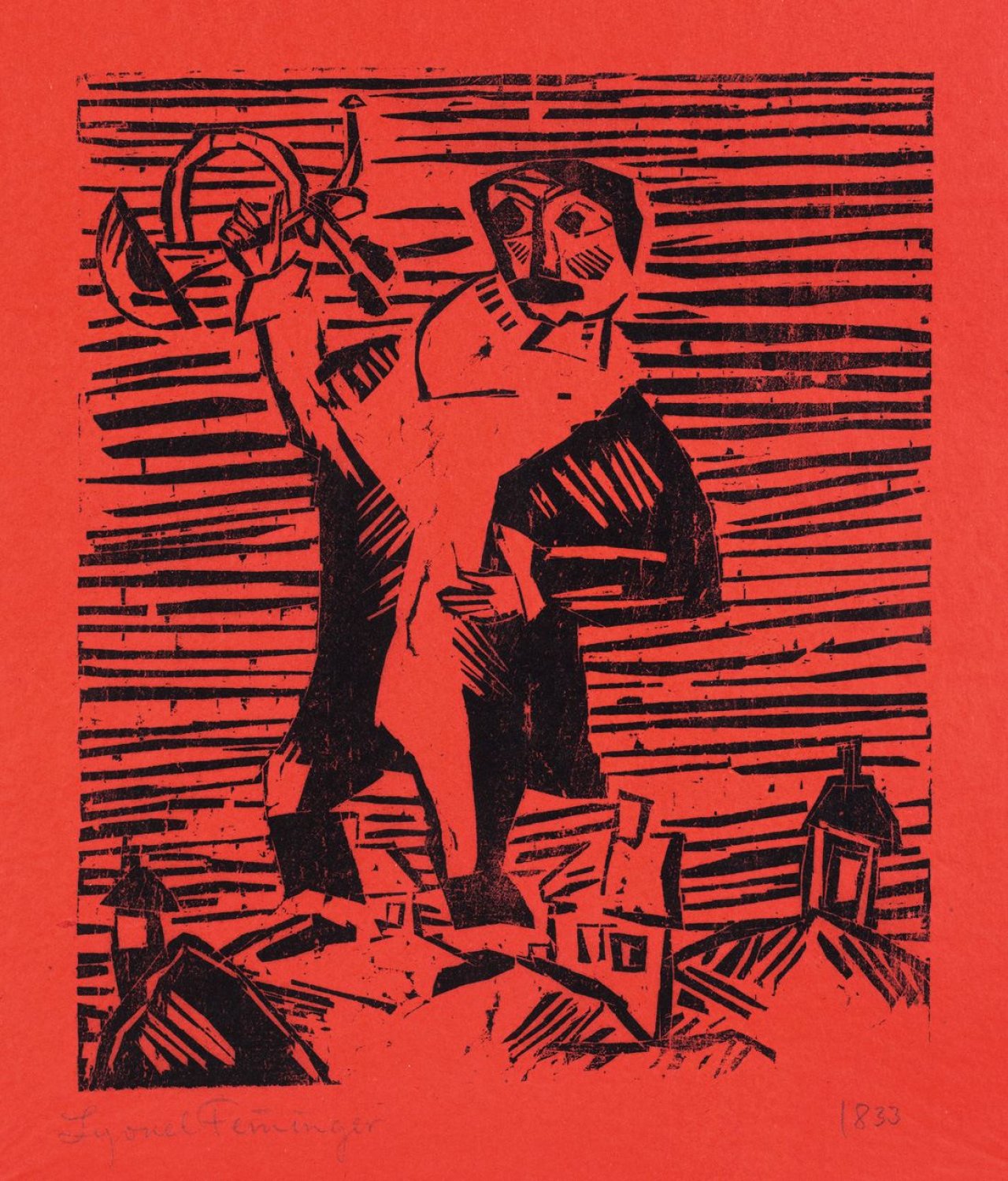 Auf diesem Bild ist das folgende Kunstwerk zu sehen: Lyonel Feininger. „Trompeter“ / „Mann mit Horn“. 1918.