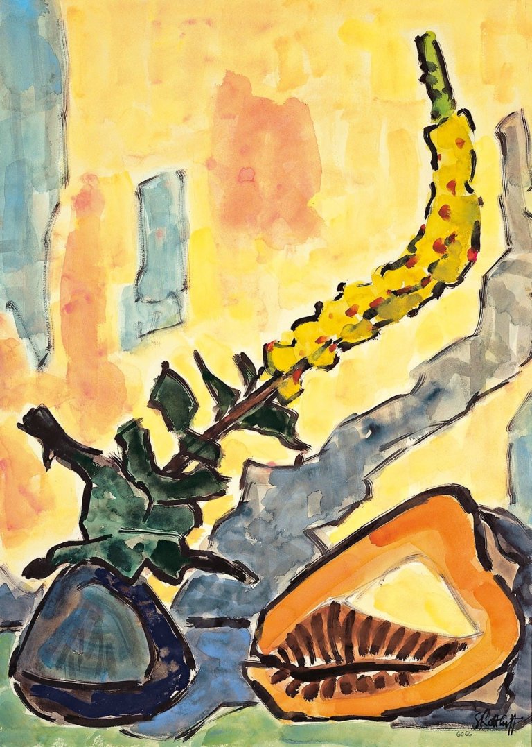 Auf diesem Bild ist das folgende Kunstwerk zu sehen: Karl Schmidt-Rottluff. „Königskerze und Meerschnecke“. 1960.