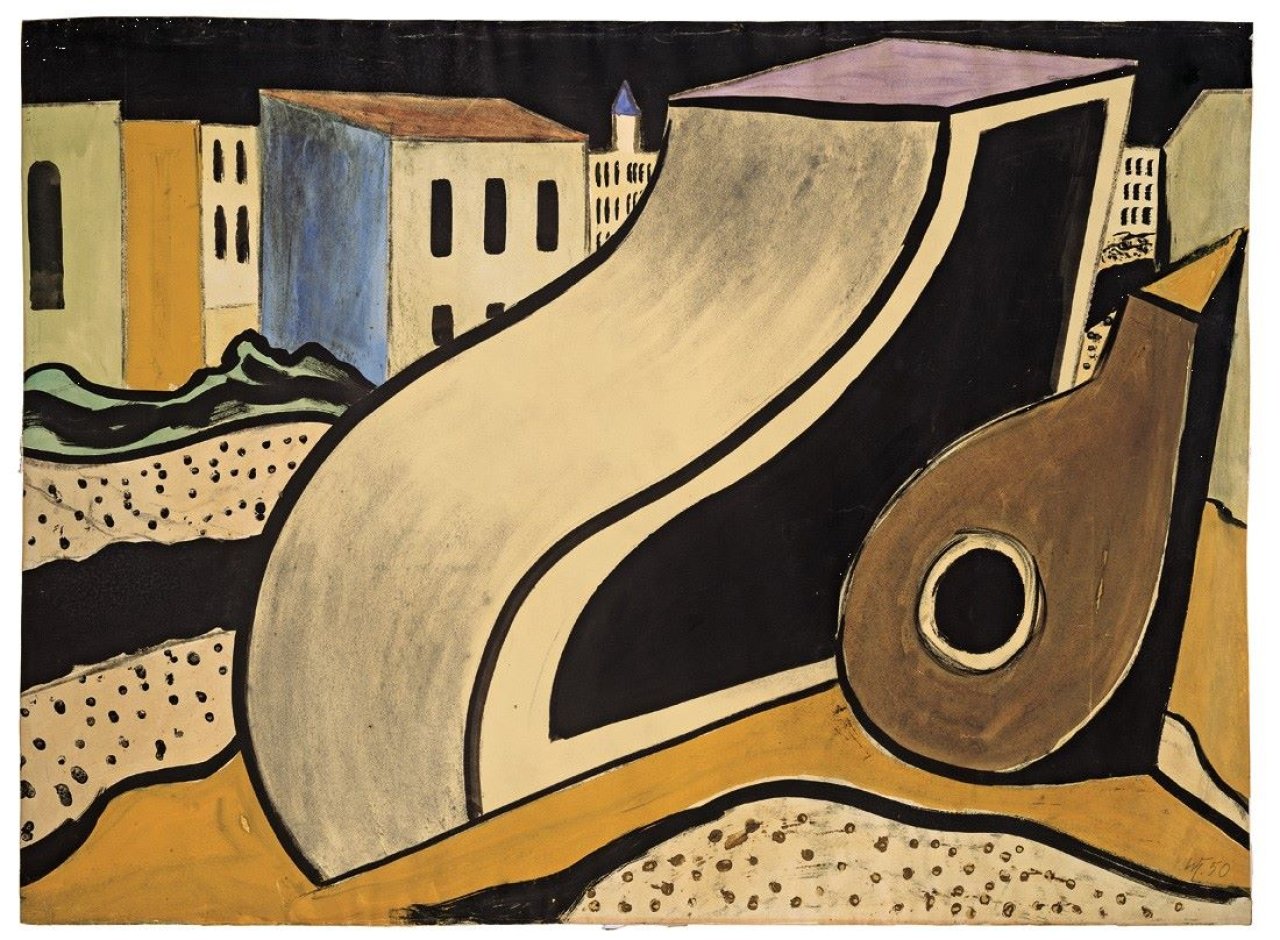 Auf diesem Bild ist das folgende Kunstwerk zu sehen: Werner Heldt. „Berliner Stadtbild, vorn Stilleben mit Mandoline“. 1950.