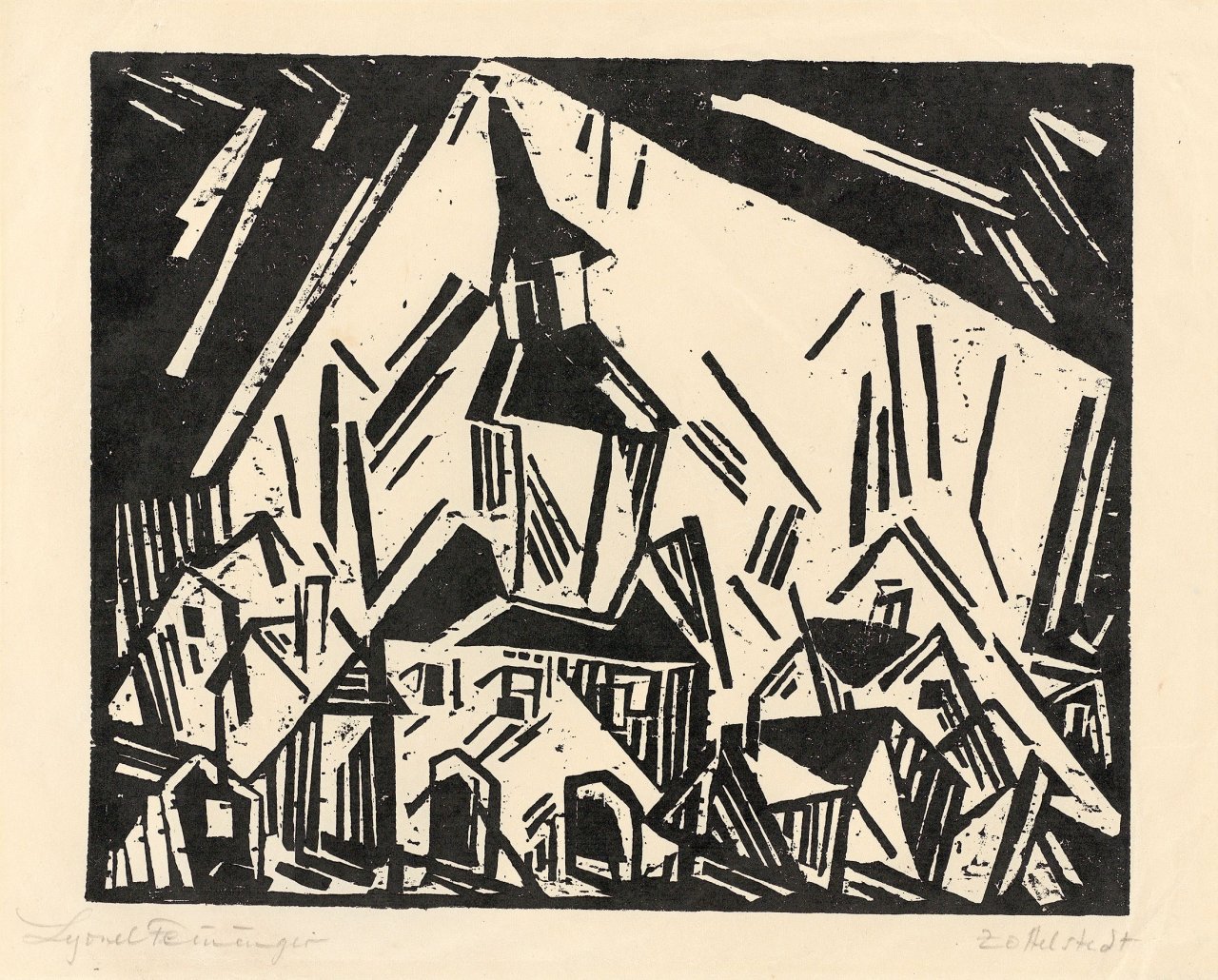 Auf diesem Bild ist das folgende Kunstwerk zu sehen: Lyonel Feininger. „Rathaus von Zottelstedt, 2“. 1918.