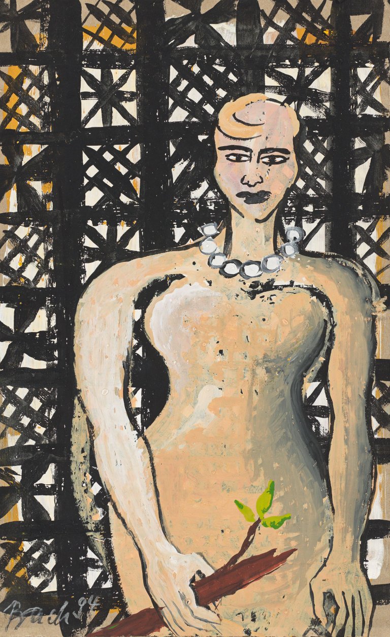 Auf diesem Bild ist das folgende Kunstwerk zu sehen: Elvira Bach. Frau mit Perlenkette und Ast. 1994.