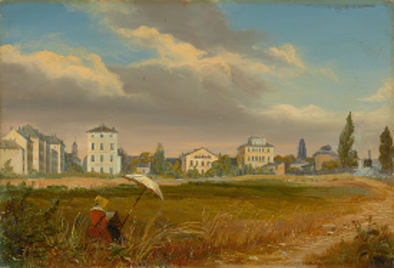 Auf diesem Bild ist das folgende Kunstwerk zu sehen:  Deutsch, um 1840. Malerin am Stadtrand.