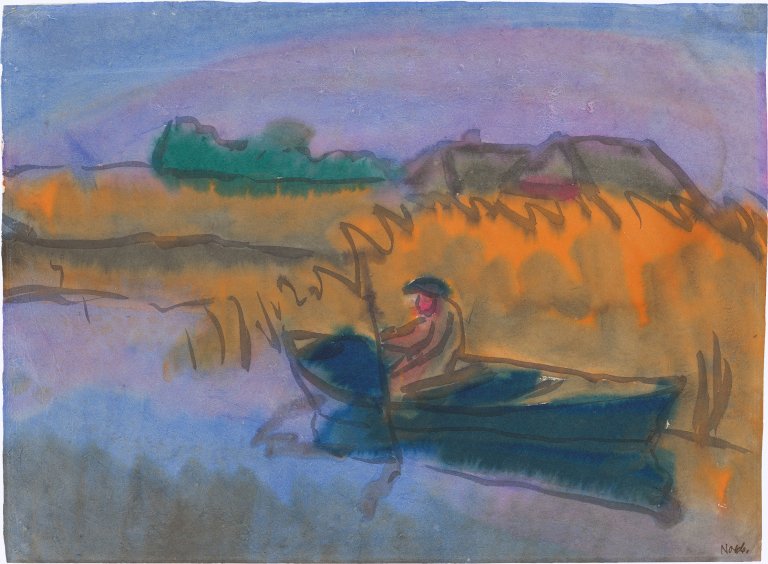 This picture shows the following artwork: Emil Nolde. ”Landschaft mit einem Bauerngehöft und einem Mann im Boot”. Circa 1925–30.