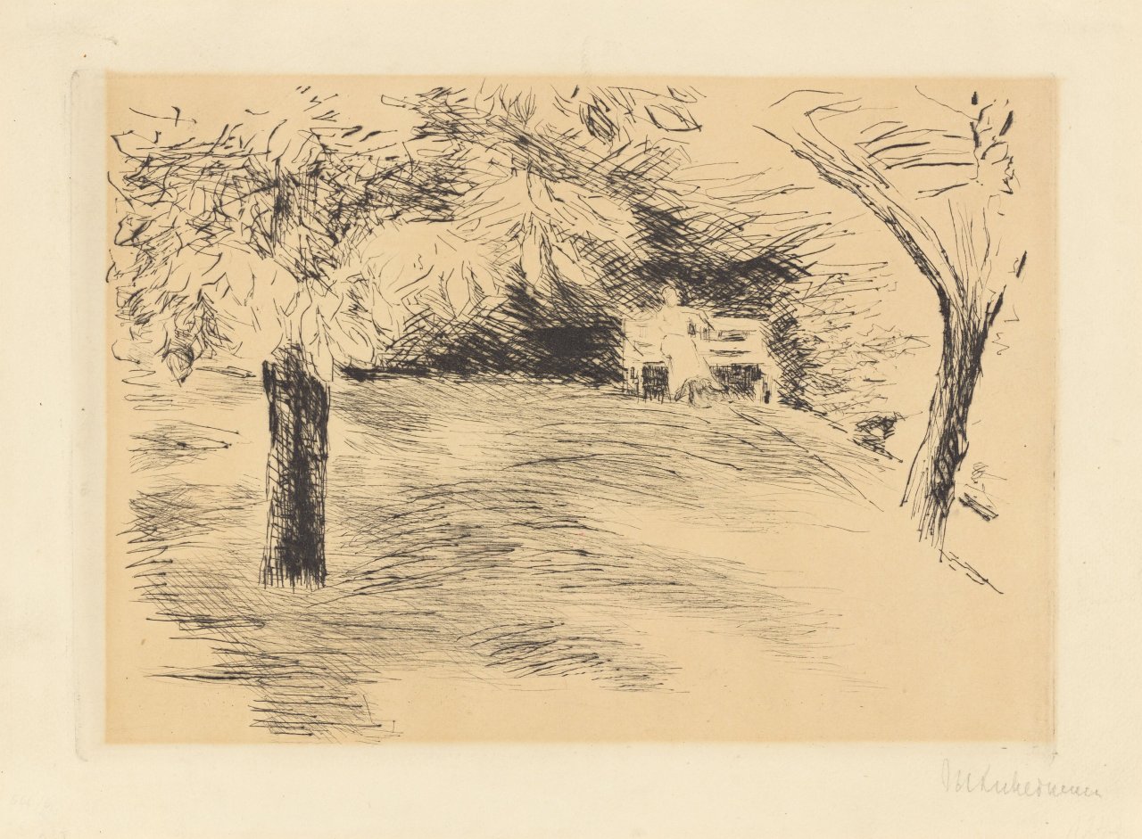 This picture shows the following artwork: Max Liebermann. ”Garten in Wannsee. Mit dem Mädchen auf der Bank”. 1916/17.