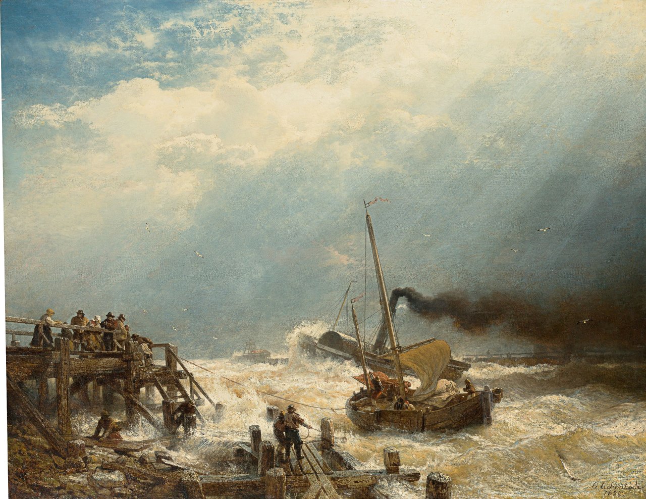 Auf diesem Bild ist das folgende Kunstwerk zu sehen: Andreas Achenbach. Marine. Hafen von Ostende. 1858.