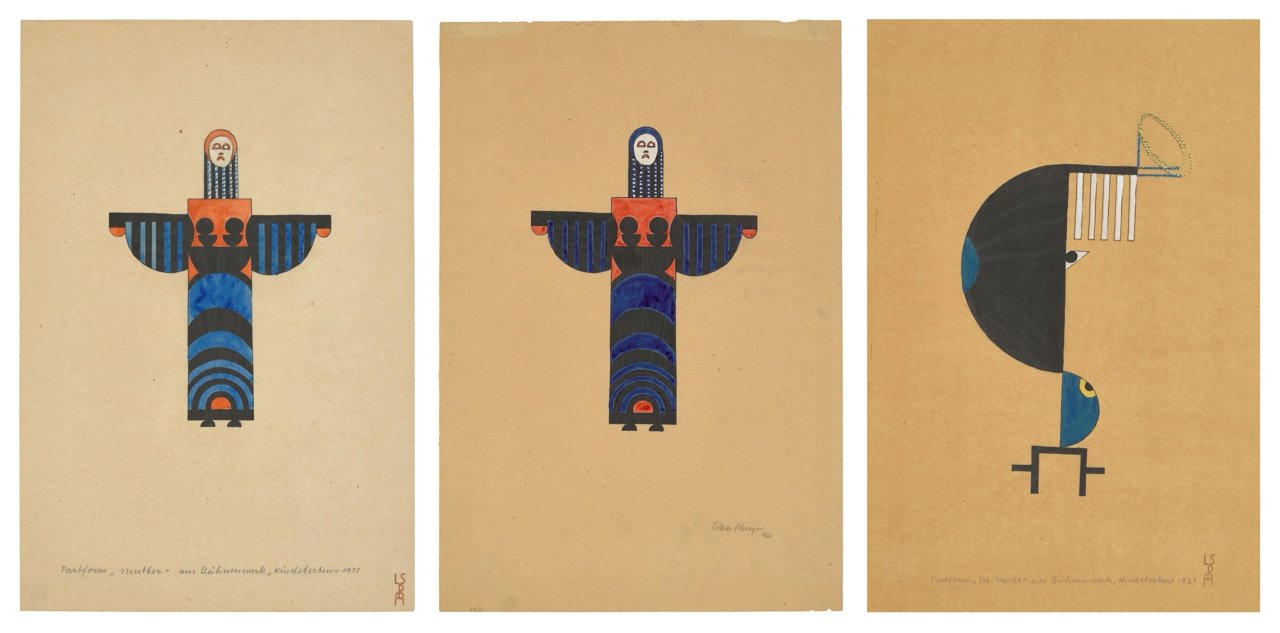 Auf diesem Bild ist das folgende Kunstwerk zu sehen: Lothar Schreyer. 2 x „Farbform 6 (Mutter) aus Bühnenwerk 'Kindsterben'“ / „Farbform 2 (Die Nacht) aus Bühnenwerk 'Kindsterben'“. 1921/22.
