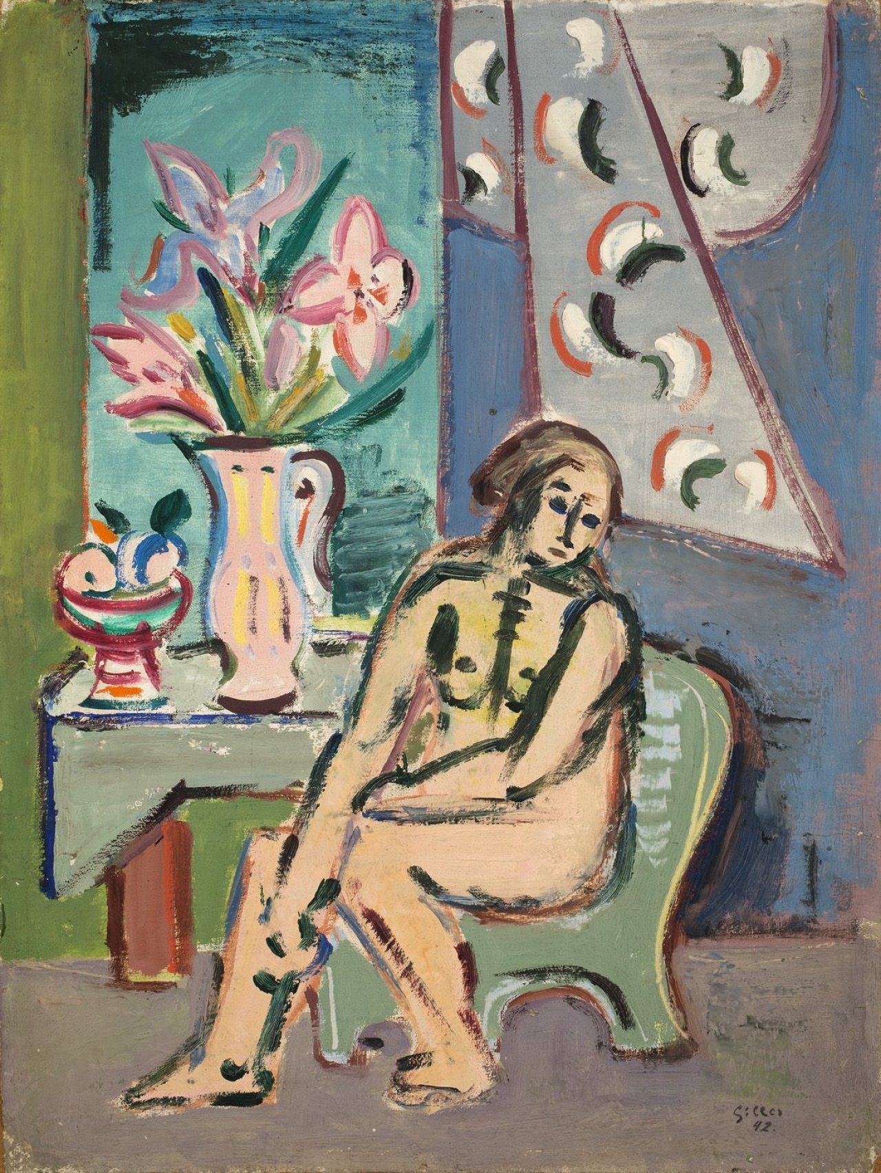 Auf diesem Bild ist das folgende Kunstwerk zu sehen: Werner Gilles. Akt auf Sessel. 1942.