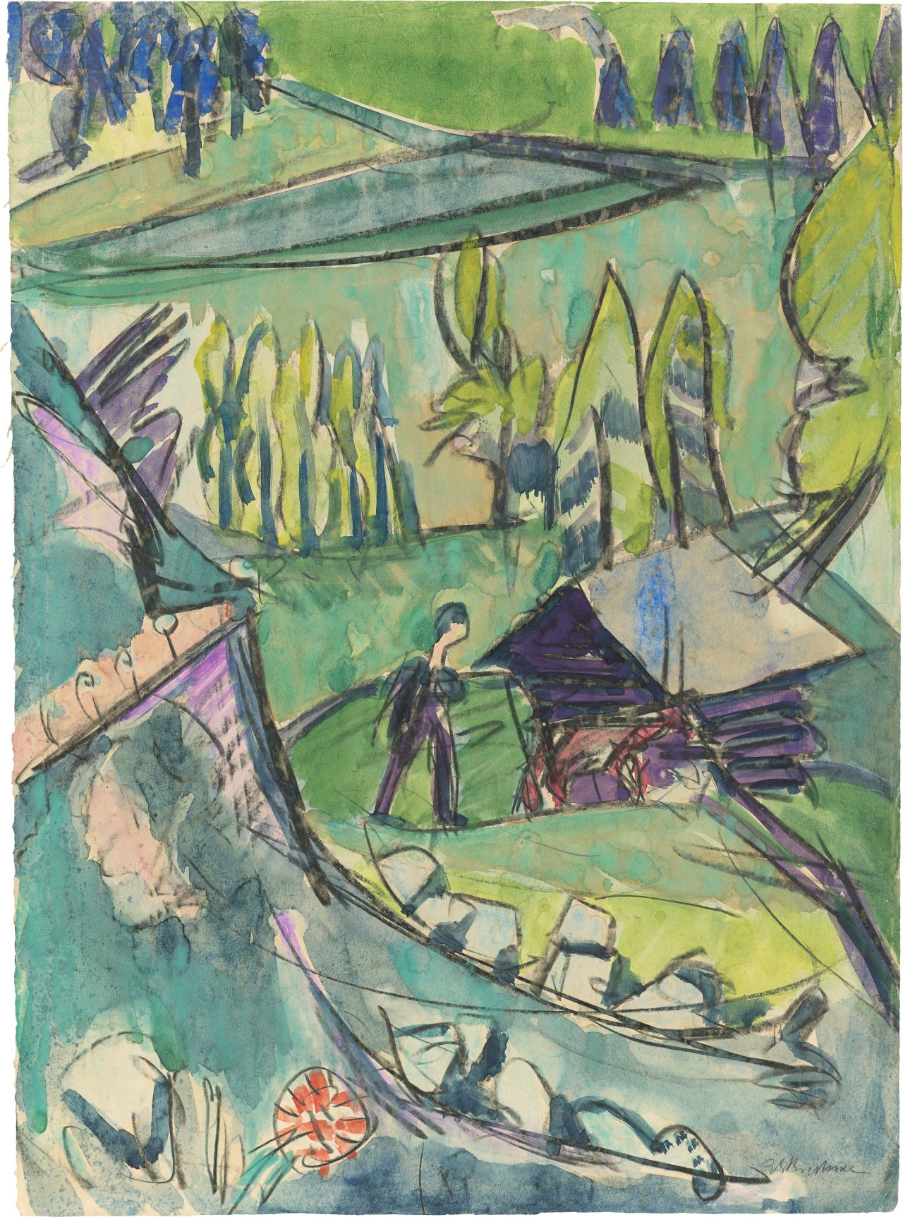 Auf diesem Bild ist das folgende Kunstwerk zu sehen: Ernst Ludwig Kirchner. Voralpenlandschaft (Davos). Um 1919.